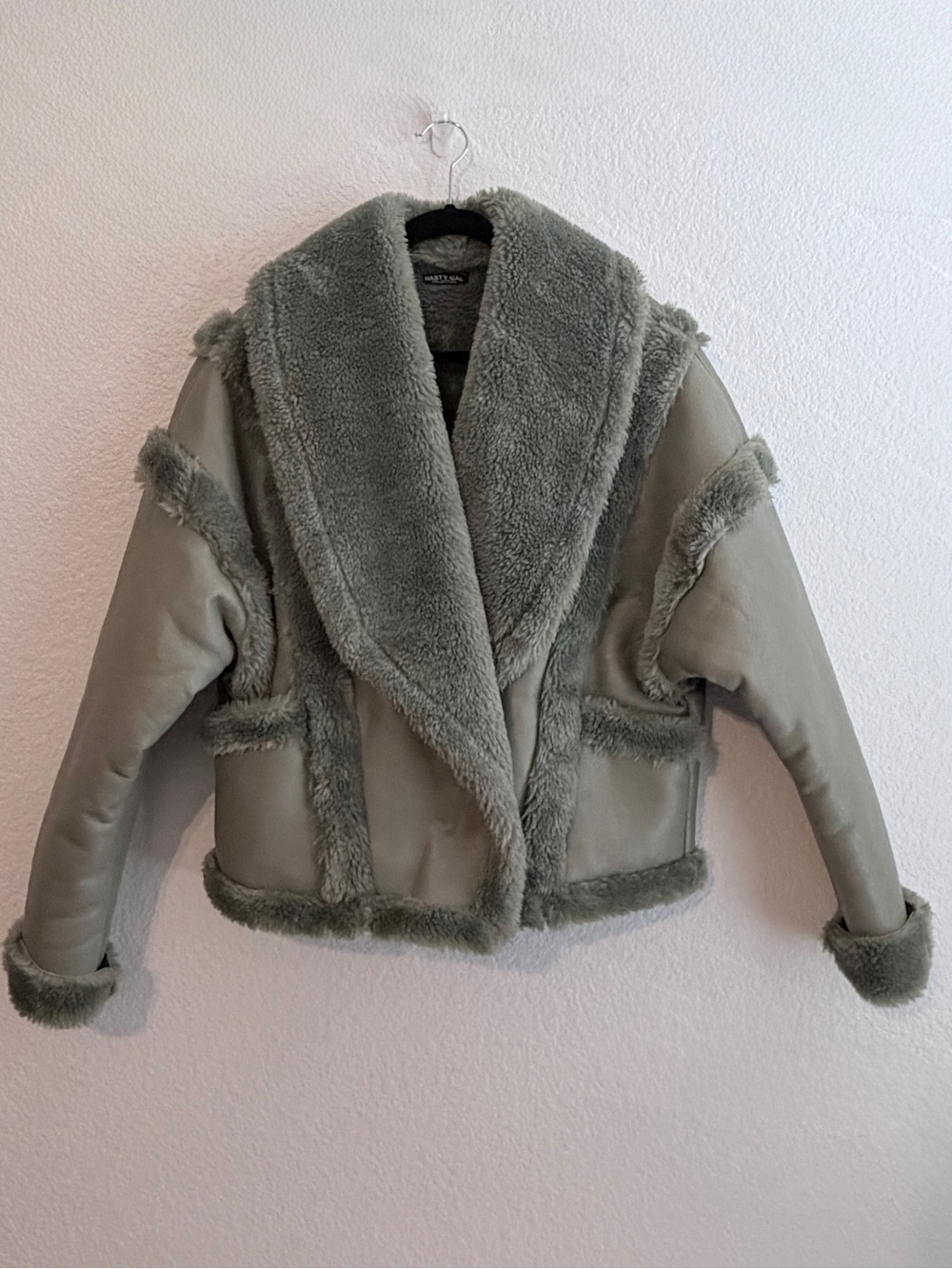 Nasty Gal Collection Oversized Plush Faux Leather Fur Trim Jacket in Sage Size 4